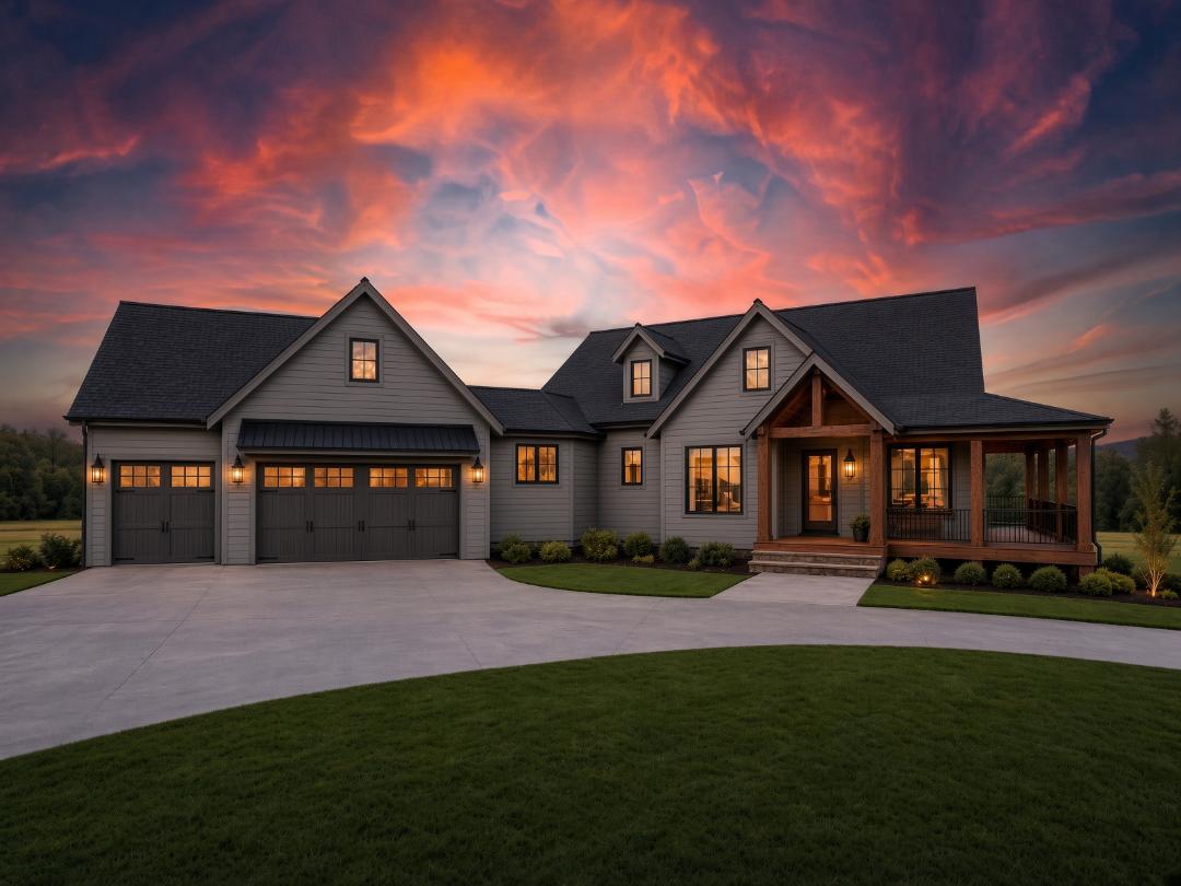 Timber-framed estate at dusk with glowing windows and a wide drive