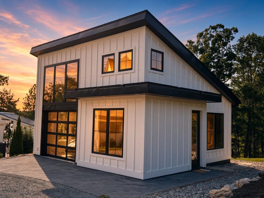 White modern house with black trim and glass garage at sunset