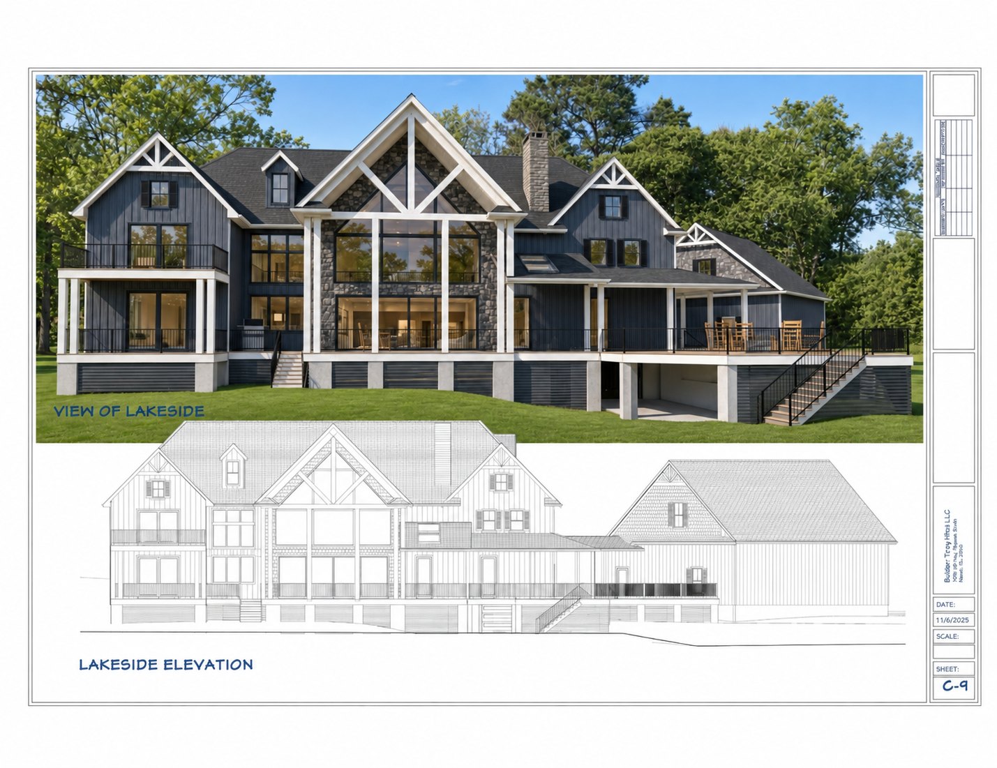 Lakeside elevation rendering and drawing